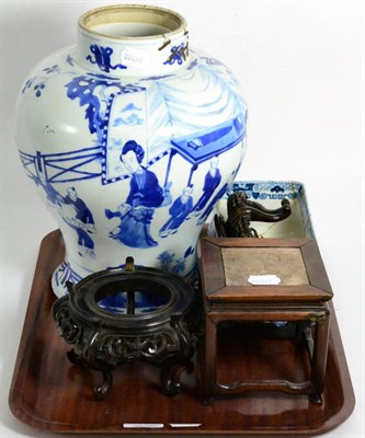 Lot 195 - A 19th century Chinese blue and white baluster vase (a.f.), three hardwood stands etc