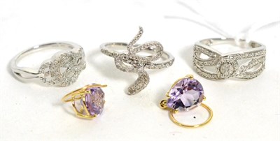 Lot 214 - Three silver diamond set rings, all finger size P1/2 and a pair of 9ct gold amethyst drop...