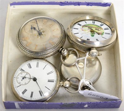 Lot 219 - A silver pocket watch, dial with ploughing scene and three other silver pocket watches (4)