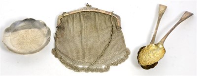 Lot 221 - Two silver berry spoons, a silver dish and a white metal mesh purse