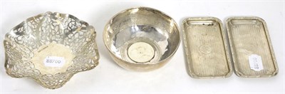 Lot 222 - A pair of silver gaming card trays, white metal engraved bowl and a pierced silver dish