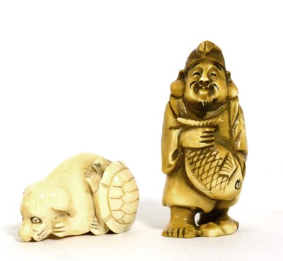 Lot 232 - An early 20th century carved ivory netsuke in the form of a dog and turtle together with a...