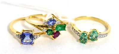 Lot 250 - A 14ct gold tanzanite and diamond ring and two 9ct gold gem set rings, all finger size P1/2 (3)