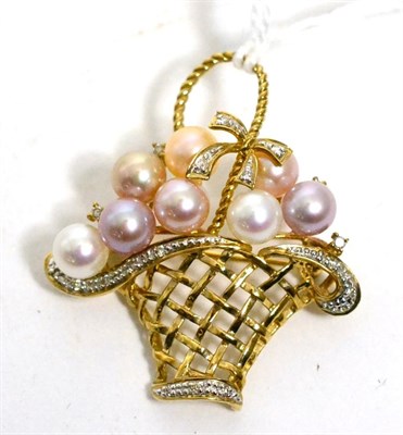 Lot 254 - A cultured pearl and diamond set basket brooch, stamped '9CT'