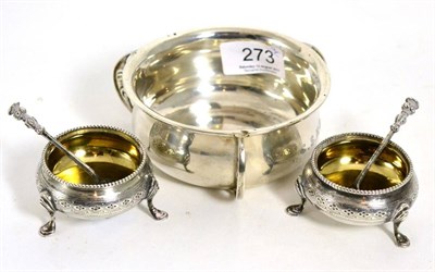 Lot 273 - A pair of Victorian silver salts with matching spoons and a silver christening bowl (3)