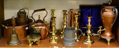 Lot 291 - A quantity of brass and copper ware, copper kettle, brass candlestick, Samovar, piece of trench art