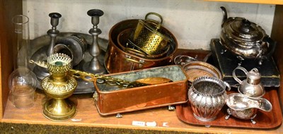 Lot 303 - A quantity of silver plate and copper and brass ware consisting of plated teapot, sauce boat,...