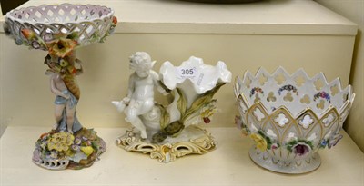 Lot 305 - A Moore Bros cornucopia vase, a Sitzendorf comport and a Capodimonte bowl