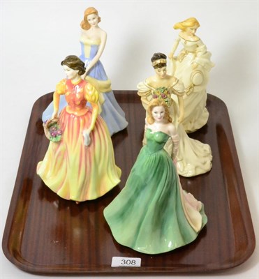 Lot 308 - Five Royal Doulton figures 'In Vogue Taylor' HN4496, 'Summer Breeze' HN3724, 'Autumn Flowers'...