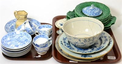 Lot 318 - A group of 18th century English Delft comprising two plates and a bowl together with later...