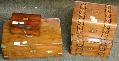 Lot 327 - Two 19th century Tunbridgeware jewellery boxes, a rosewood tea caddy and a brass bound writing...