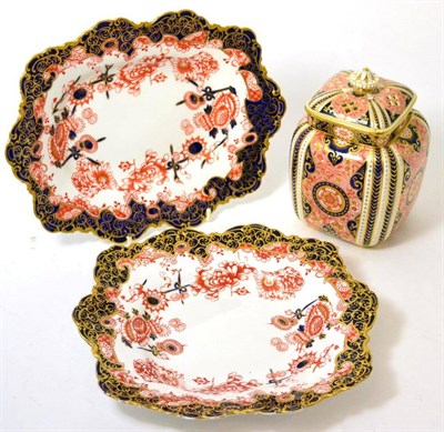 Lot 338 - Two Royal Crown Derby Imari plates together with a Mintons Imari jar and cover