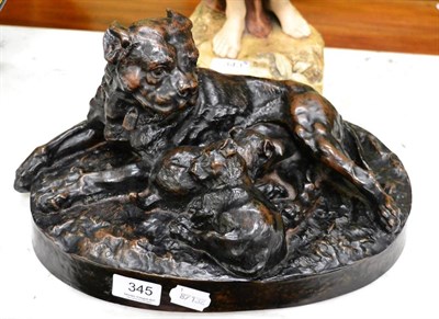 Lot 345 - After W Wolfe (German, 20th century) Bull Mastiff and two pups, bronzed, bearing signature,...