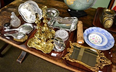 Lot 362 - A group of silver inlcuding tray, dressing table items together with silver plate, brass,...