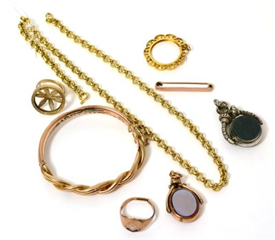 Lot 373 - A curb link chain, a 9ct gold pendant frame, a 9ct gold ring mount, a 9ct gold bar brooch, a...