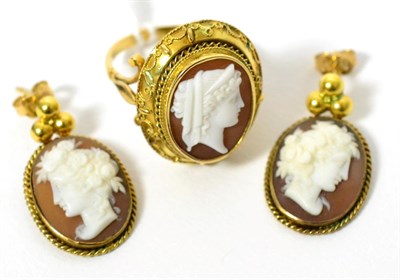 Lot 377 - A cameo ring and a pair of earrings