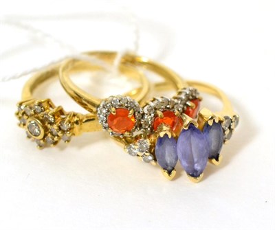 Lot 386 - A tanzanite and diamond ring and two 9ct gold gem set rings