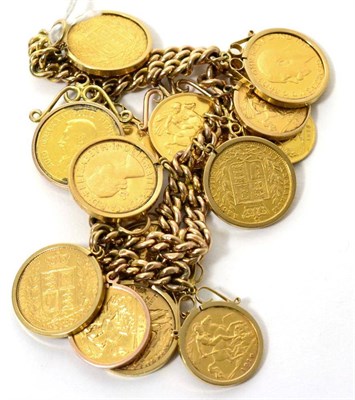 Lot 406 - A bracelet with eight sovereigns, four half sovereigns, an American five dollar coin and a...