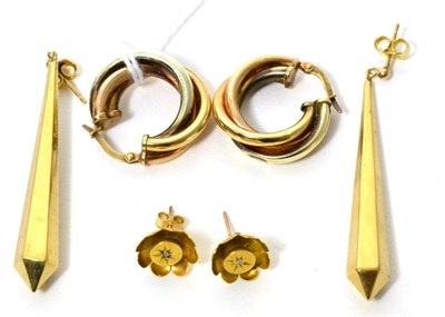 Lot 428 - A pair of 9ct gold pendant earrings, a pair of diamond set flower stud earrings and a pair of...