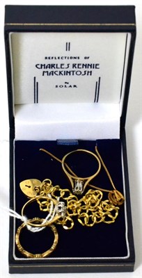 Lot 444 - A 9ct gold bracelet, three 9ct gold rings and a Rennie Mackintosh 9ct gold pendant on chain