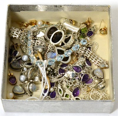 Lot 445 - A pearl, diamond and paste brooch, various pairs of earrings and silver jewellery