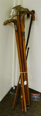 Lot 450 - Eight assorted walking canes including a silver mounted and bone handled example