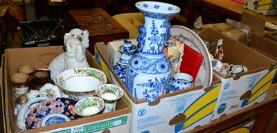 Lot 1006 - A quantity of ceramics and glassware including three glass decanters, Staffordshire dogs, Spode...