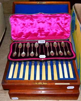 Lot 1008 - A set of twelve silver teaspoons in a fitted case, a cased set of twelve pairs of fish knives...