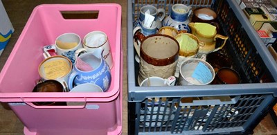 Lot 1010 - Ceramic liquid measures including various Stoneware examples and others (two boxes)