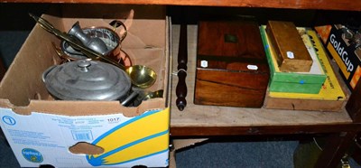 Lot 1017 - A Victorian writing slope, a cased set of brass weights, Russian building blocks, pewter and...