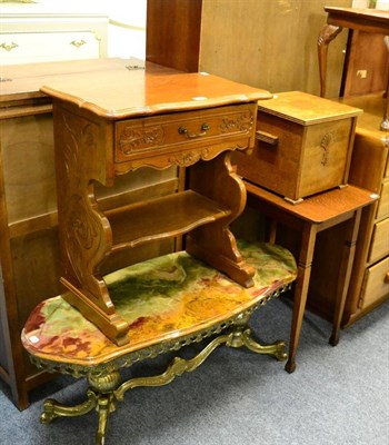 Lot 1082 - An onyx topped gilt metal coffee table, two occasional tables, a small oak box and a walnut...