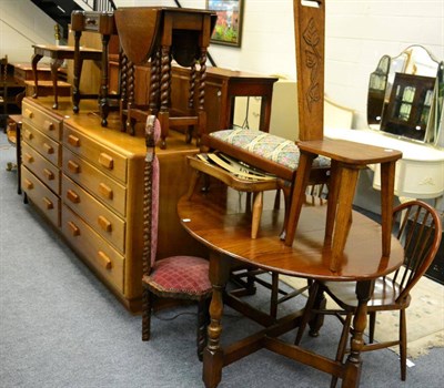 Lot 1084 - A group of furniture comprising side table, an oak drop leaf table, a spinning chair, an oak...