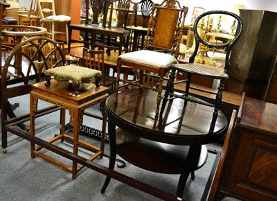 Lot 1099 - A Chinese plant stand, a foot stool, two bedroom chairs, a walking stick and a fender (6)