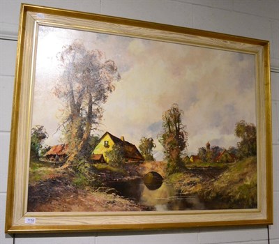 Lot 1152 - Klein (20th century), river scene with a cottage and a bridge, oil on canvas