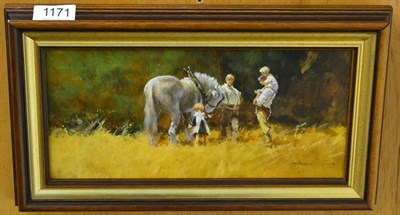 Lot 1171 - John Haskins (British, b.1938), Grey Mare, oil on board, signed (lower right), 15cm by 30cm