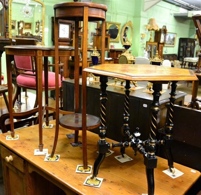 Lot 1248 - A parcel gilt part ebonised inlaid satin walnut occasional table together with two inlaid...