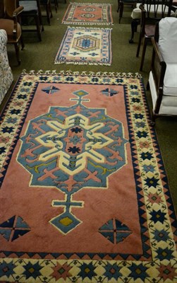 Lot 1279 - A Kozak rug, west Turkey, the candy pink field, centred by a sky blue medallion enclosed by...