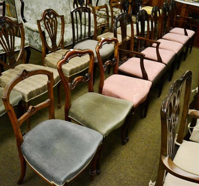 Lot 1281 - A set of five mahogany dining chairs with wheat sheaf splats, three Victorian rosewood dining...