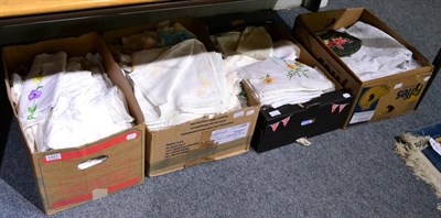 Lot 1421 - Four boxes of assorted linen and textiles including tablecloths, handkerchiefs, crotchet trims etc