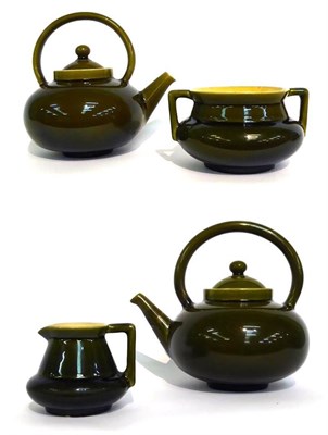 Lot 16 - Two Linthorpe Pottery Tea Kettles, shape No.628, olive glaze, impressed LINTHORPE 628, 16cm;...
