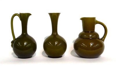 Lot 23 - A Linthorpe Pottery Jug, shape No.826, olive glaze, impressed LINTHORPE 826, 18cm; and Two...