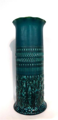 Lot 38 - A Linthorpe Pottery Stick Stand, moulded with flower heads and repeating designs in a turquoise...