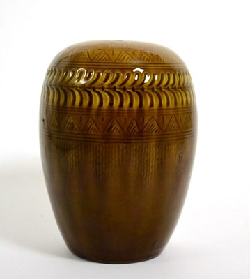 Lot 42 - Christopher Dresser for Linthorpe Pottery: A Vase, shape No.211, repeating pattern in mustard...