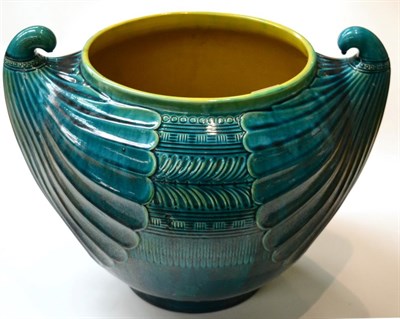 Lot 52 - A Linthorpe Pottery Jardiniere, shape No.2285, moulded with repeating designs, turquoise glaze,...