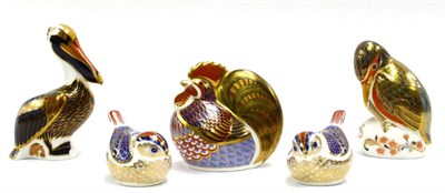 Lot 61 - Five Royal Crown Derby Imari paperweights, two Goldcrest, Cockerel, Brown Pelican and Kingfisher