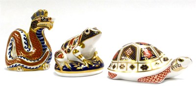Lot 65 - Three Royal Crown Derby Imari paperweights, Dragon, Frog and Turtle (all gold stoppers)