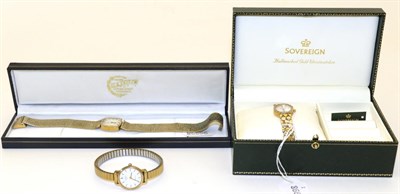 Lot 113 - A lady's 9ct gold wristwatch signed Sovereign and two plated wristwatches signed Rotary (3)