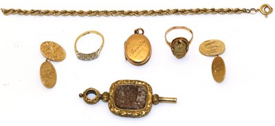 Lot 116 - A small quantity of gold jewellery including oval cufflinks and a Victorian watch key