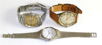 Lot 122 - A stainless steel gents wristwatch, signed Omega, Seamaster; and two gents wristwatches, signed...