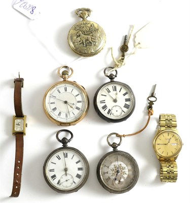 Lot 123 - Three silver pocket watches; plated pocket watch, gilt metal pocket watch and a Seiko wristwatch